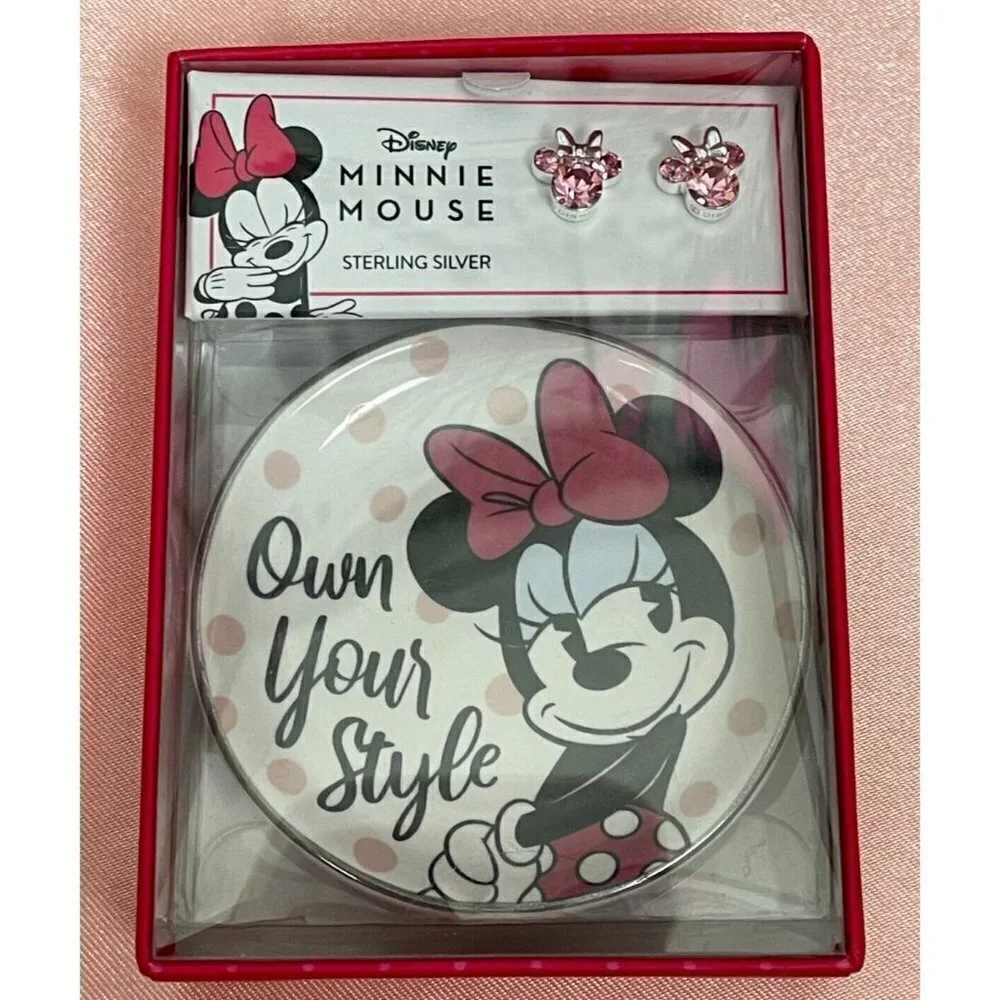 Disney Kids Sterling Silver Pink Crystal Minnie Mouse Stud Earrings & Mini Dish